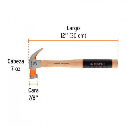Martillo pulido 7 oz uña curva, mango hickory, Truper Grip 16650 MO-7