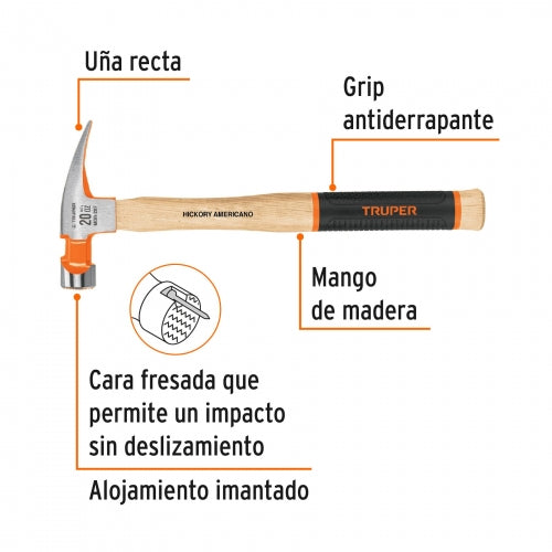 Martillo pulido 20 oz uña recta, mango hickory, Truper Grip 16660 MOR-20