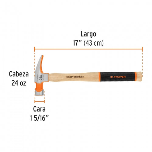 Martillo pulido 24 oz uña recta, boca fresada, Truper Grip 16662 MOR-24F