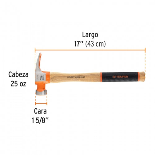 Martillo 25 oz uña recta tipo California Ripper, Truper Grip 16863 MORCA-25