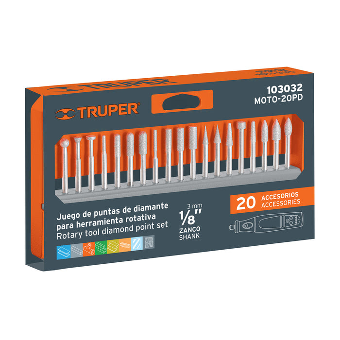 Juego de 20 puntas diamantadas para mototool, Truper 103032 MOTO-20PD