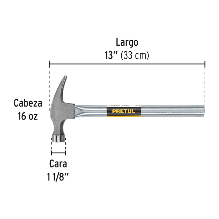Martillo uña curva 16 oz, mango tubular, Pretul 20595 MT-16P