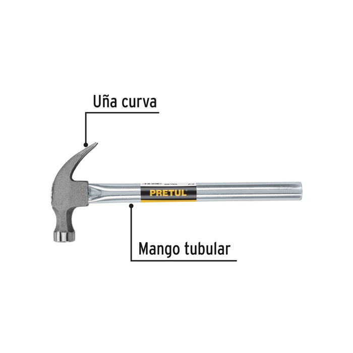 Martillo uña recta 16 oz, mango tubular, Pretul 20596 MTR-16P