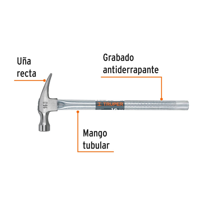 Martillo tubular pulido 16 oz uña recta, Truper 16702 MTR-16
