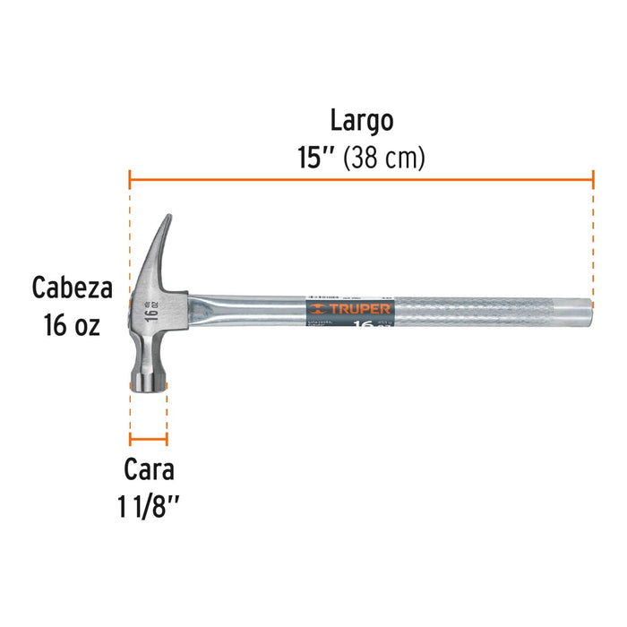 Martillo tubular pulido 16 oz uña recta, Truper 16702 MTR-16