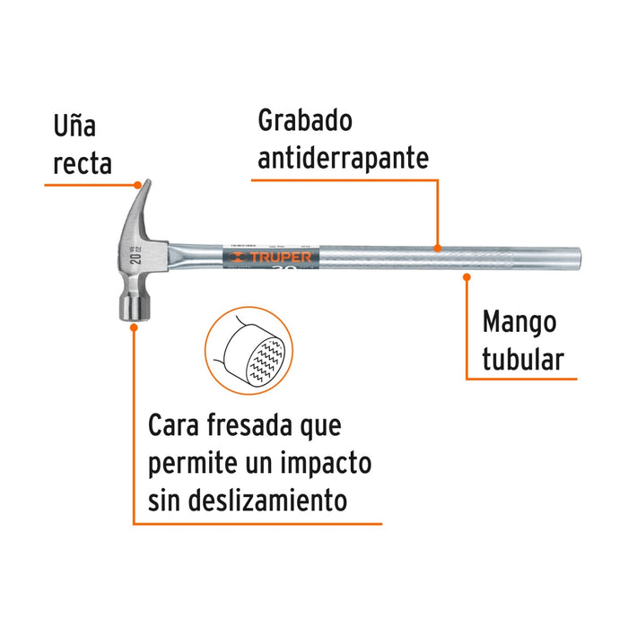 Martillo tubular pulido 20oz cara fresada, uña recta, Truper 16704 MTR-20F