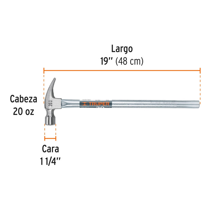 Martillo tubular pulido 20oz cara fresada, uña recta, Truper 16704 MTR-20F