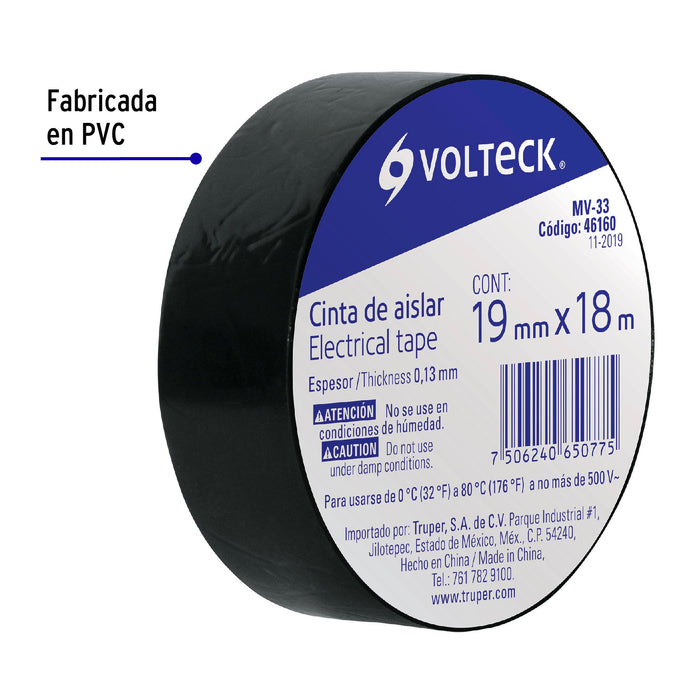 Cinta de aislar de 18 m x 19 mm, negra, Volteck 46160 MV-33