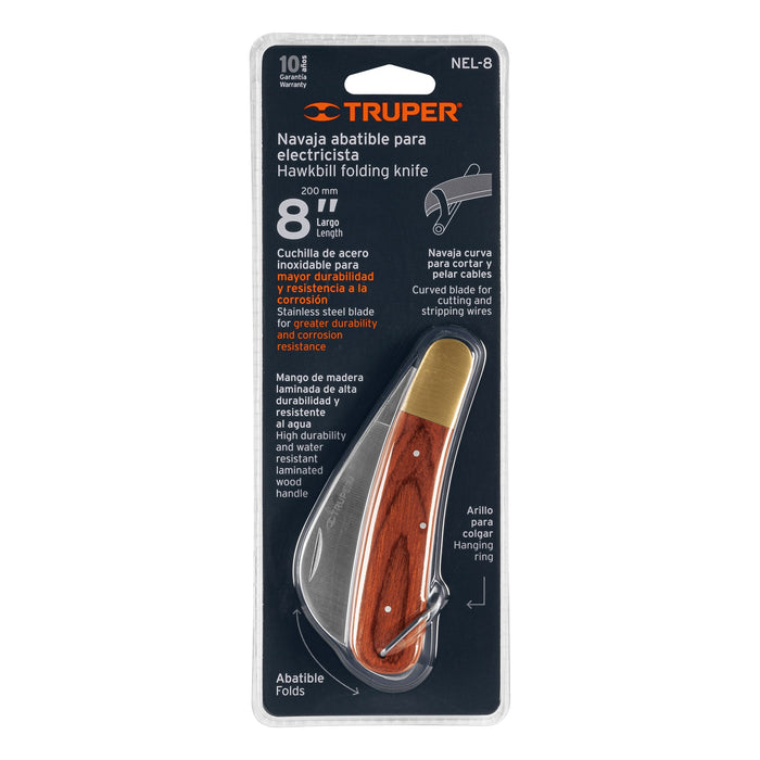 Cuchillo abatible 8' para electricista mango madera, Truper 18539 NEL-8