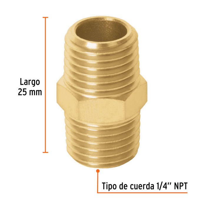 Niple macho-macho de latón, cuerda 1/4' NPT, Truper 19024 NIPLE