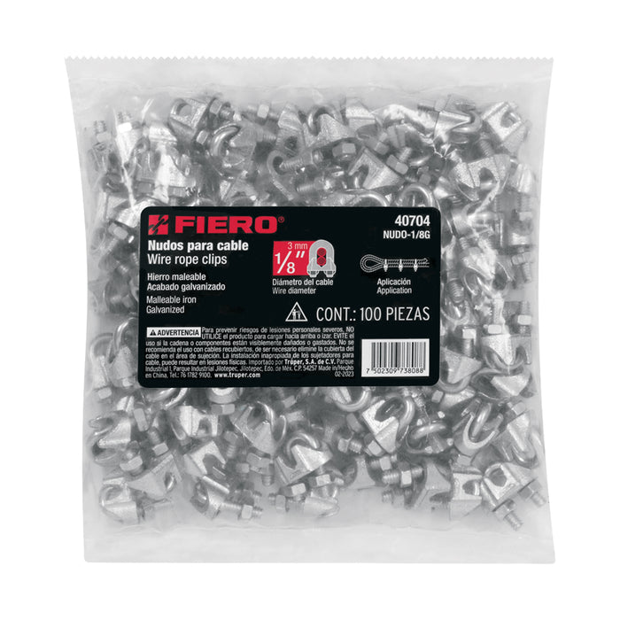 Bolsa c/100 nudos (perros) de hierro p/cable de 1/8', Fiero Código: 40704