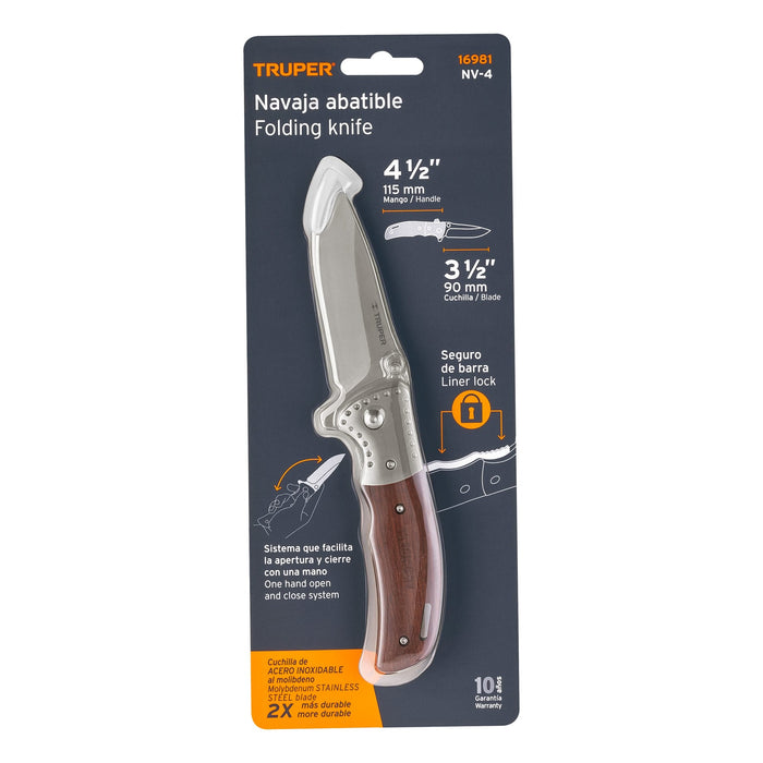 Navaja abatible 4-1/2' mango de madera, Truper 16981 NV-4