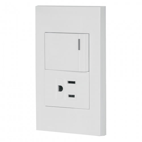 Placa armada 1 interruptor,1contacto,1.5mod,Española, blanco 45591 PA-APCO15-EB