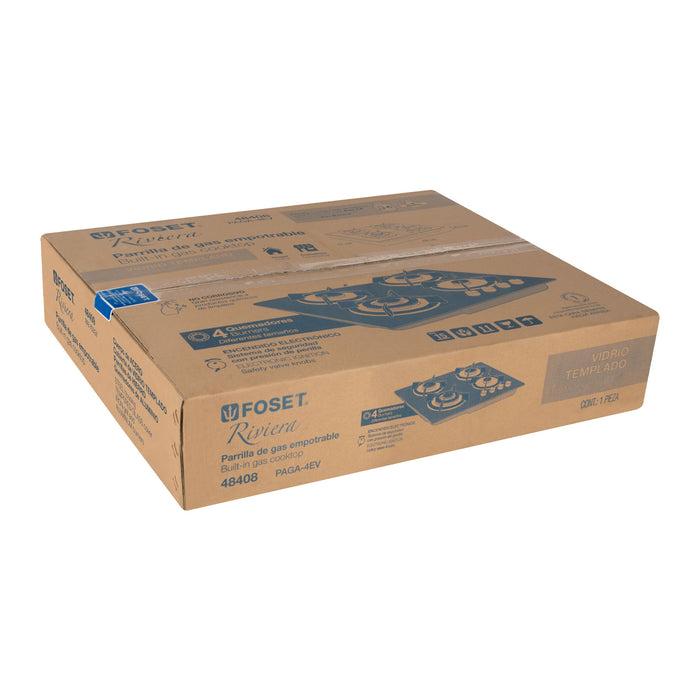 Parrilla gas empotrable 60cm, 4 quem, vidrio negro, Riviera 48408