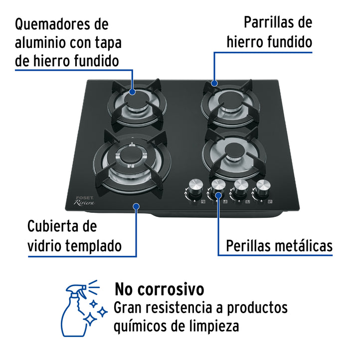 Parrilla gas empotrable 60cm, 4 quem, vidrio negro, Riviera 48408