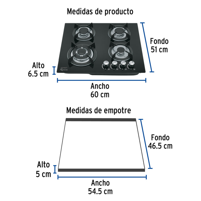 Parrilla gas empotrable 60cm, 4 quem, vidrio negro, Riviera 48408