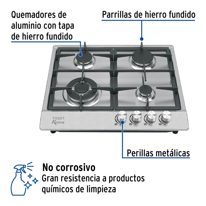 Parrilla gas empotrable 60cm, 4 quem, acero inox, Riviera 48406