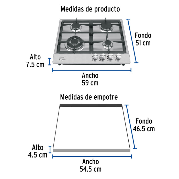 Parrilla gas empotrable 60cm, 4 quem, acero inox, Riviera 48406
