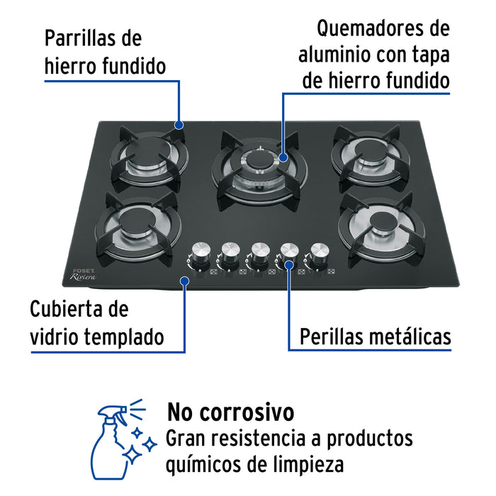 Parrilla gas empotrable 75cm, 5 quem, vidrio negro, Riviera 48409