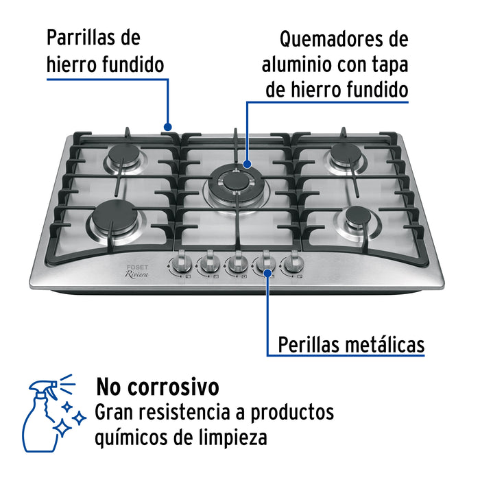 Parrilla gas empotrable 90cm, 5 quem, acero inox, Riviera 48407