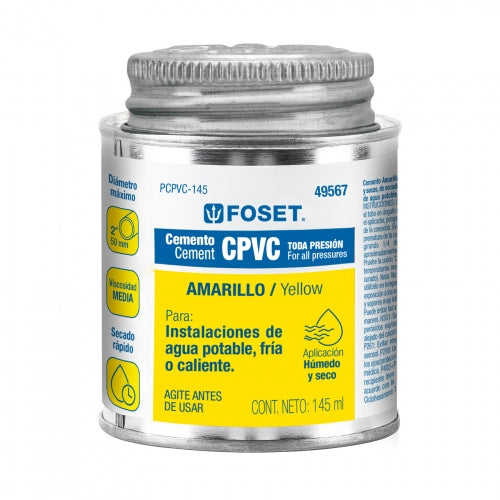 Cemento amarillo p/CPVC en bote de 145 ml,baja presión,Foset 49567 PCPVC-145