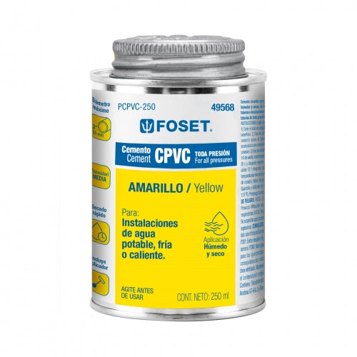 Cemento amarillo p/CPVC en bote de 250 ml,baja presión,Foset 49568 PCPVC-250