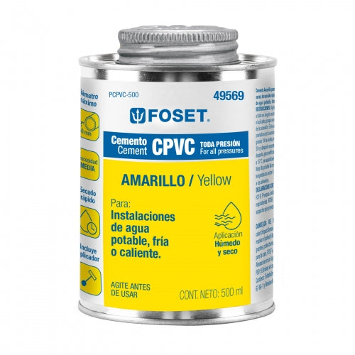 Cemento amarillo p/CPVC en bote de 500 ml,baja presión,Foset 49569 PCPVC-500