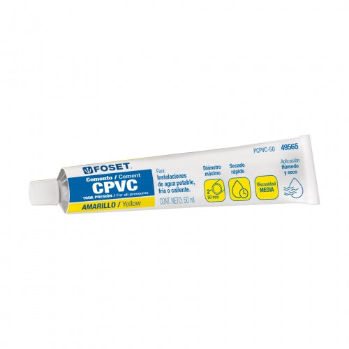 Cemento amarillo p/CPVC en tubo de 50 ml, baja presión,Foset 49565 PCPVC-50
