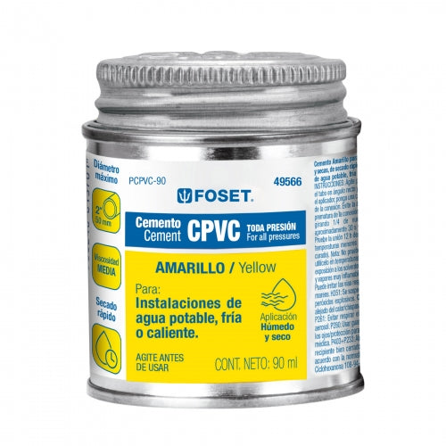 Cemento amarillo p/CPVC en bote de 90 ml, baja presión,Foset 49566 PCPVC-90