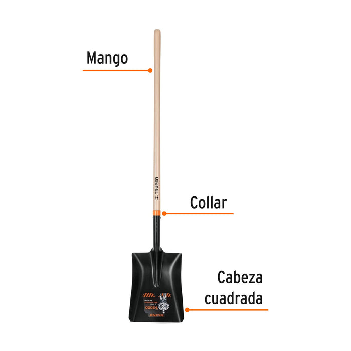 Pala T-2000 cuadrada, tipo español, mango largo 41', Truper Código: 11391