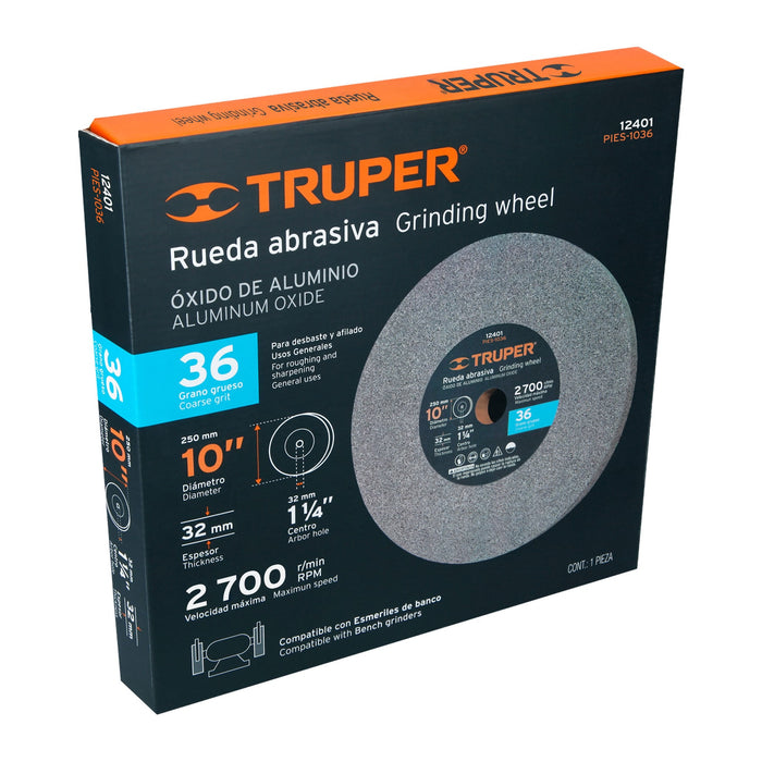 Rueda abrasiva p/esmeril 10X1 1/4', óxido aluminio, grano 36 12401 PIES-1036