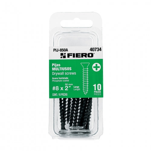 Blíster con 10 pijas multiusos, #8 x 2' , Fiero 40734 PIJ-850A
