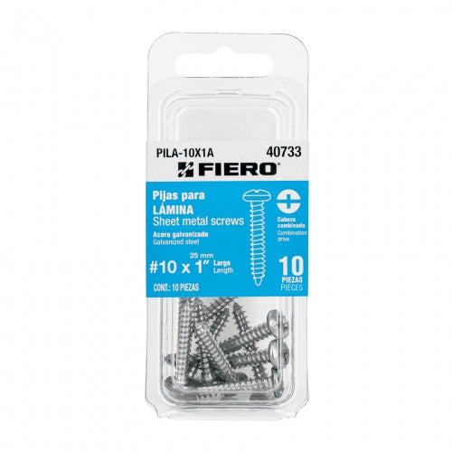 Blíster con 10 pijas para lámina, #10 x 1', Fiero 40733 PILA-10X1A