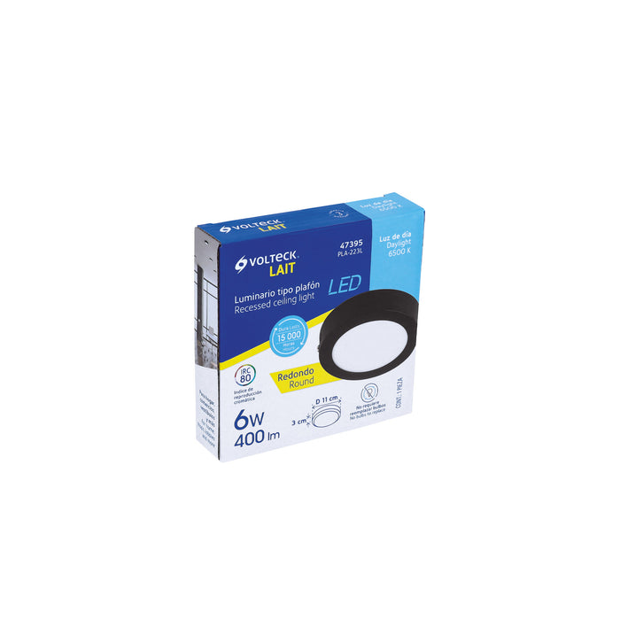 Luminario LED tipo plafón 6 W, redondo, luz de día, negro 47395