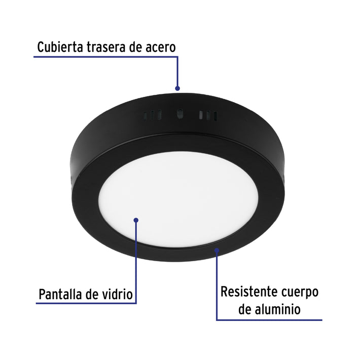 Luminario LED tipo plafón 6 W, redondo, luz de día, negro 47395