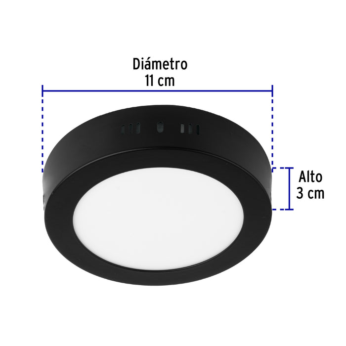 Luminario LED tipo plafón 6 W, redondo, luz de día, negro 47395