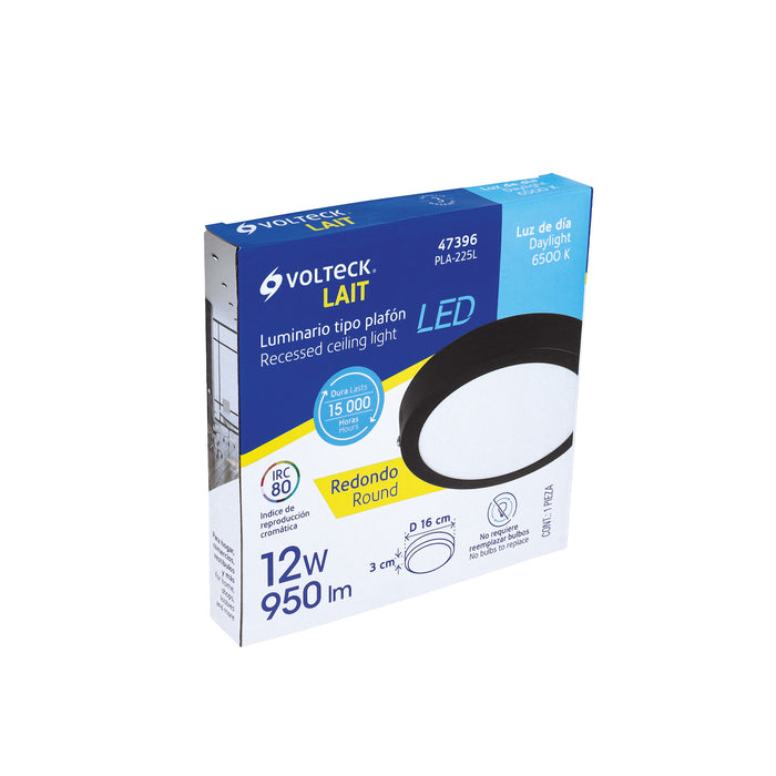 Luminario LED tipo plafón 12 W, redondo, luz de día, negro 47396