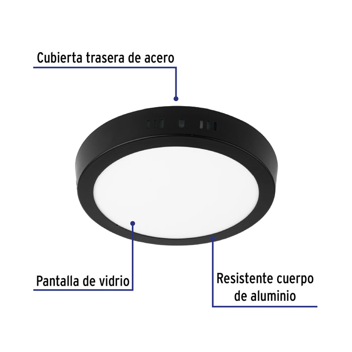 Luminario LED tipo plafón 12 W, redondo, luz de día, negro 47396