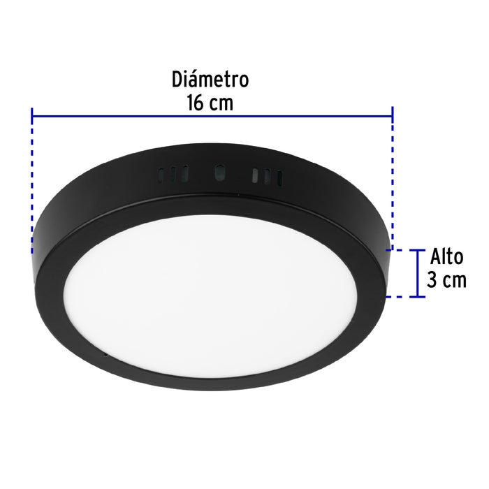 Luminario LED tipo plafón 12 W, redondo, luz de día, negro 47396