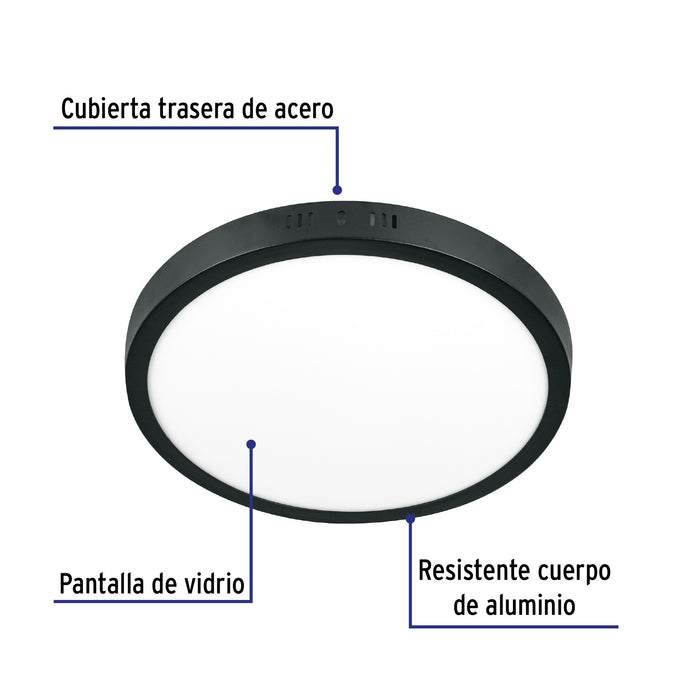 Luminario LED tipo plafón 24 W, redondo, luz de día, negro 47398