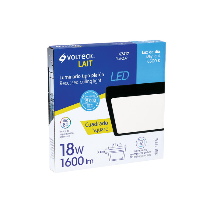 Luminario LED tipo plafón 18 W, cuadrado, luz de día, negro 47417