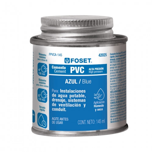 Cemento azul para PVC en bote de 145 ml, alta presión, Foset 42025 PPVCA-145