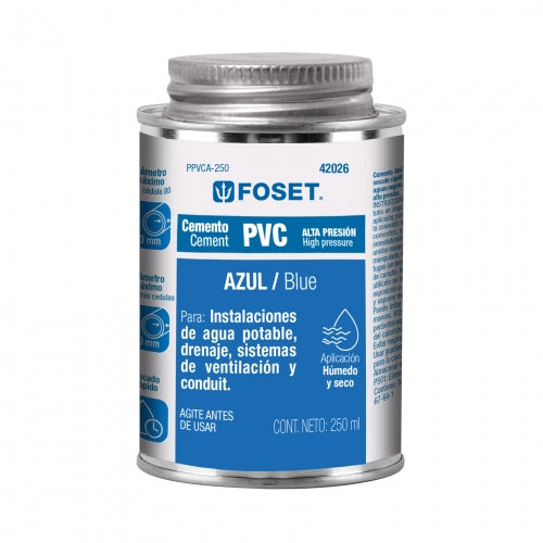 Cemento azul para PVC en bote de 250 ml, alta presión, Foset 42026 PPVCA-250