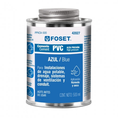 Cemento azul para PVC en bote de 500 ml, alta presión, Foset 42027 PPVCA-500