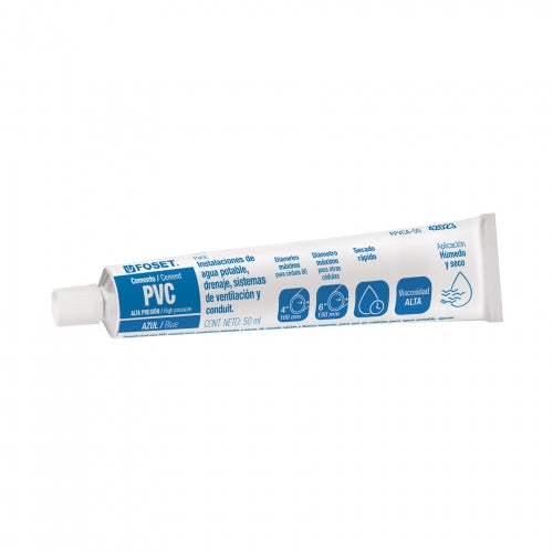 Cemento azul para PVC en tubo de 50 ml, alta presión, Foset 42023 PPVCA-50