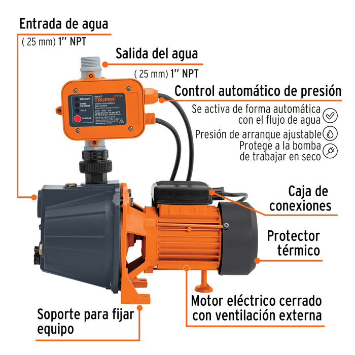 Bomba presurizadora jet hierro 1/2 HP con control, Truper Código: 102856