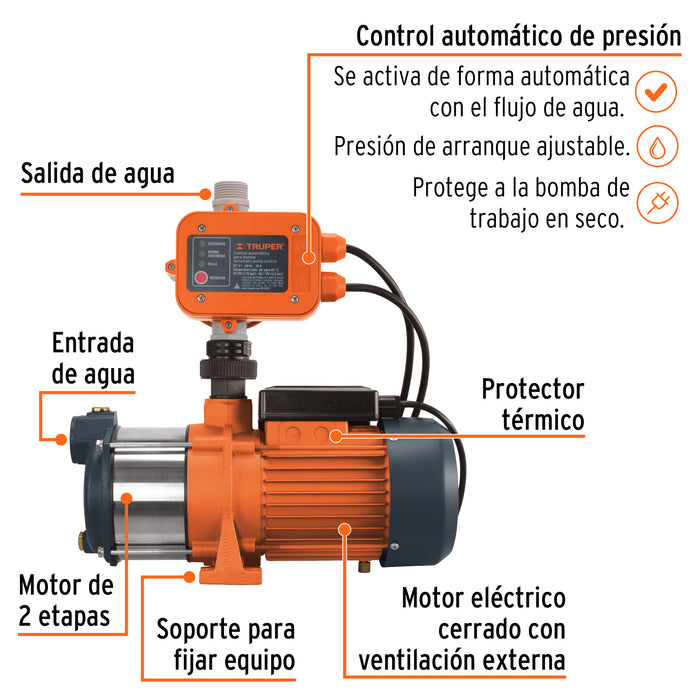 Bomba presurizadora multietapas 1/2 HP con control, Truper Código: 102384