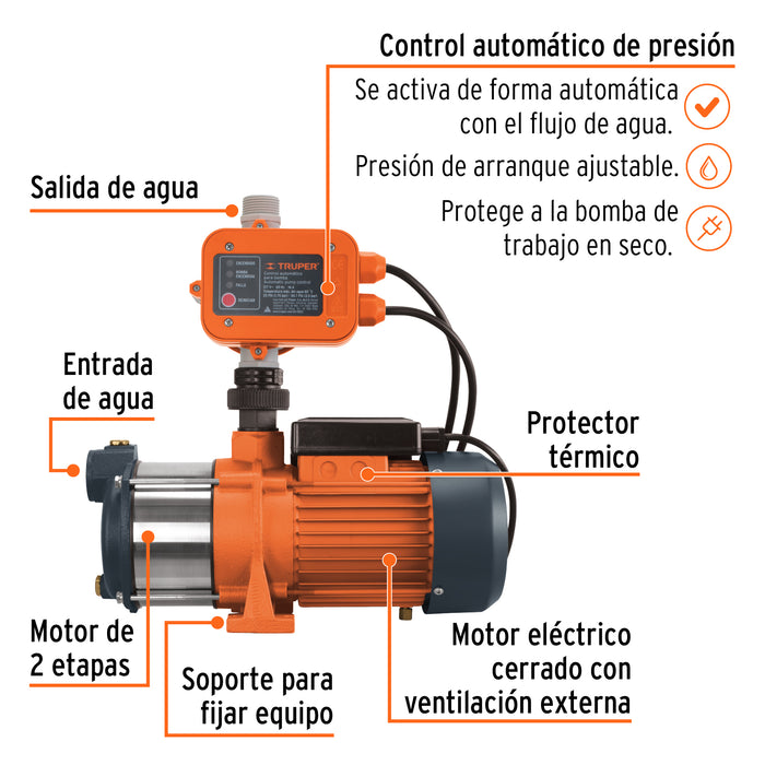 Bomba presurizadora multietapas 3/4 HP con control, Truper Código: 102385