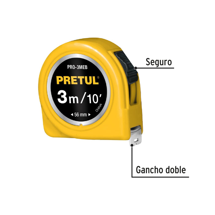 Flexómetro amarillo 3 m cinta 13 mm, en tarjeta, Pretul 21605 PRO-3MEB