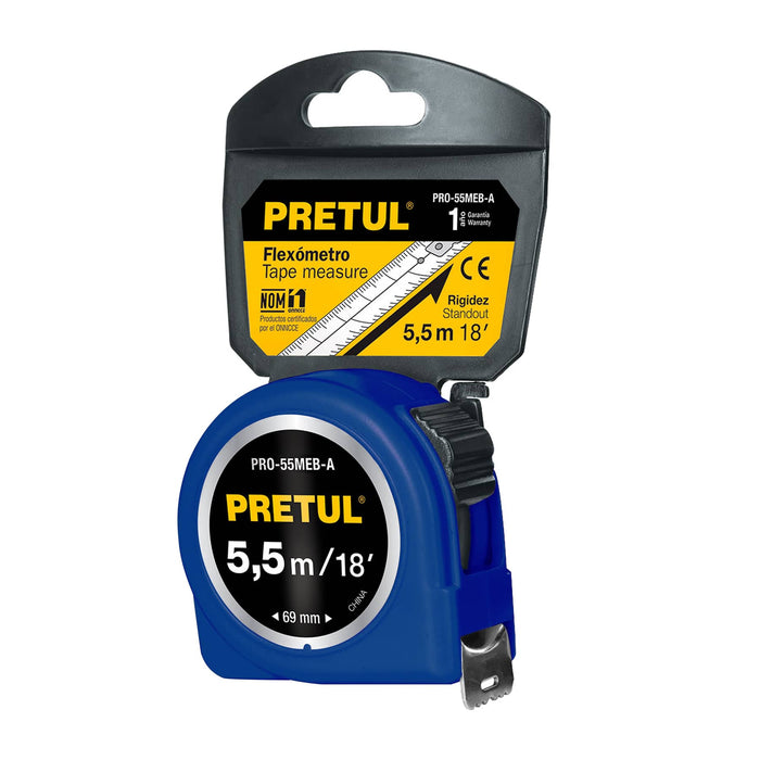 Flexómetro azul 5.5 m cinta 25 mm, en tarjeta, Pretul 28023 PRO-55MEB-A